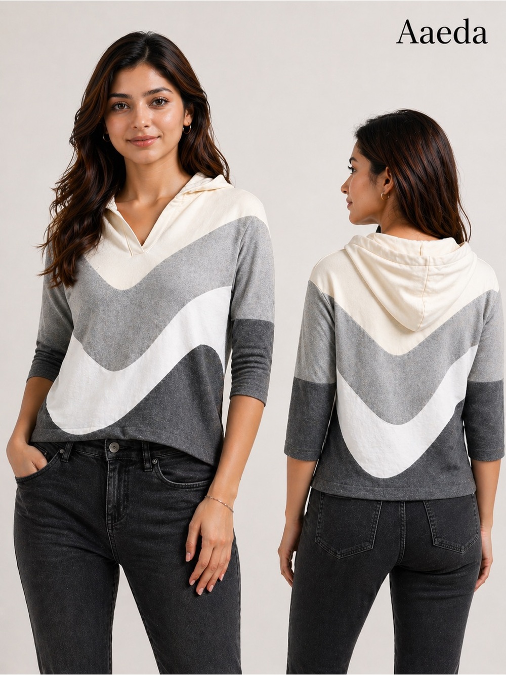 Aaeda Colorblock Hooded Top Small 3/4 Sleeve Fitted Soft  Gray Cream rayon